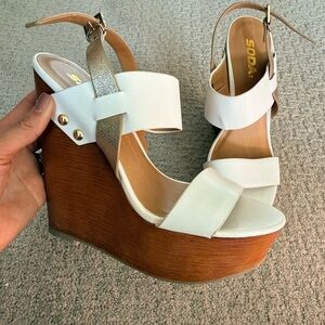 Soda White & Wood Wedge Sandals with Metallic Accent
